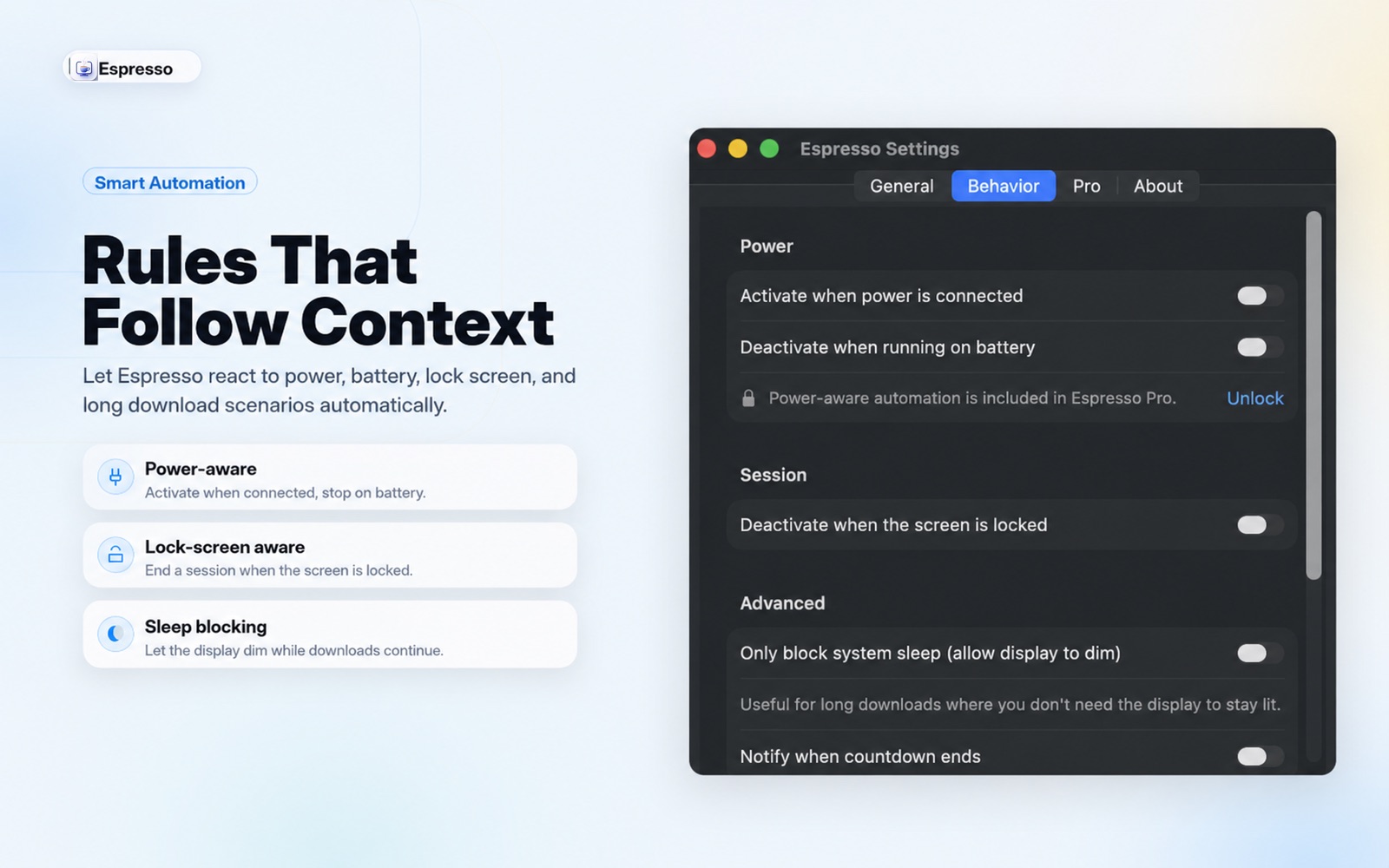 Espresso behavior settings for power and lock behavior