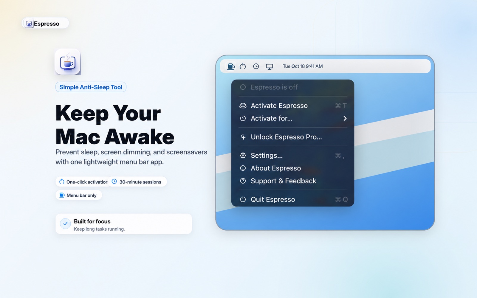 Espresso menu bar wake session with a countdown