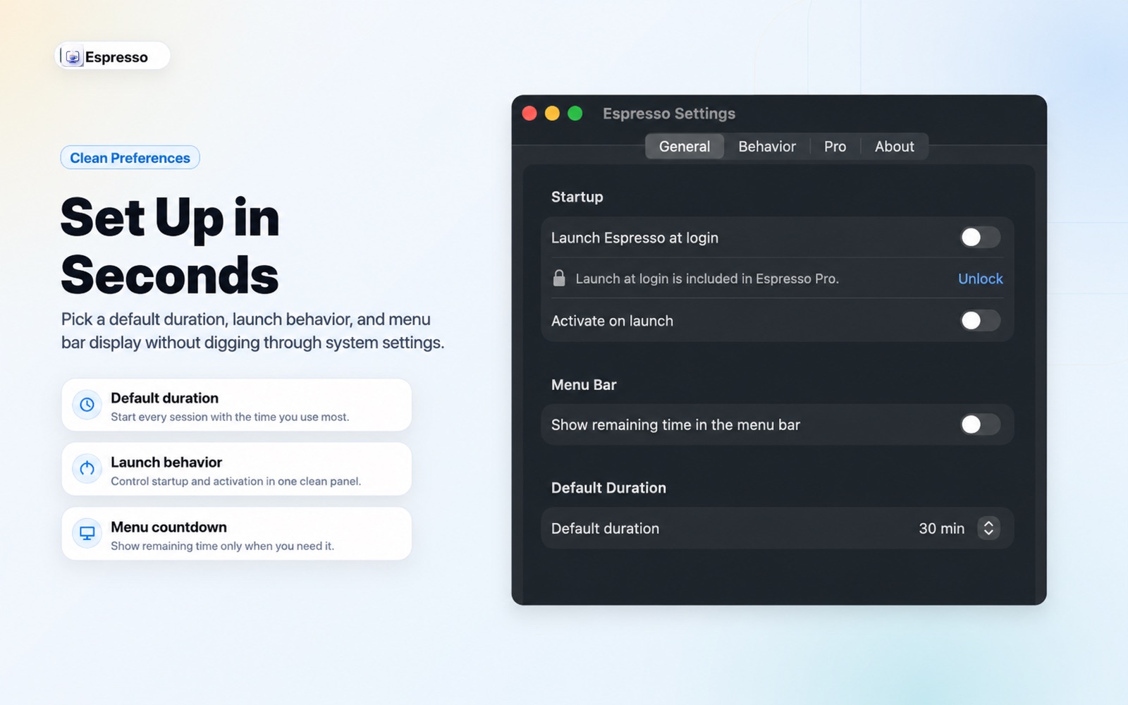 Espresso preferences for default duration and startup behavior