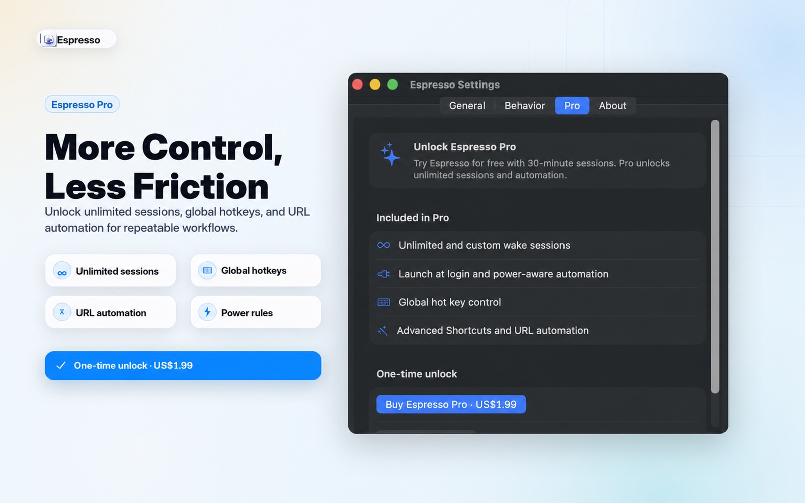 Espresso Lifetime Unlock screen with Pro controls